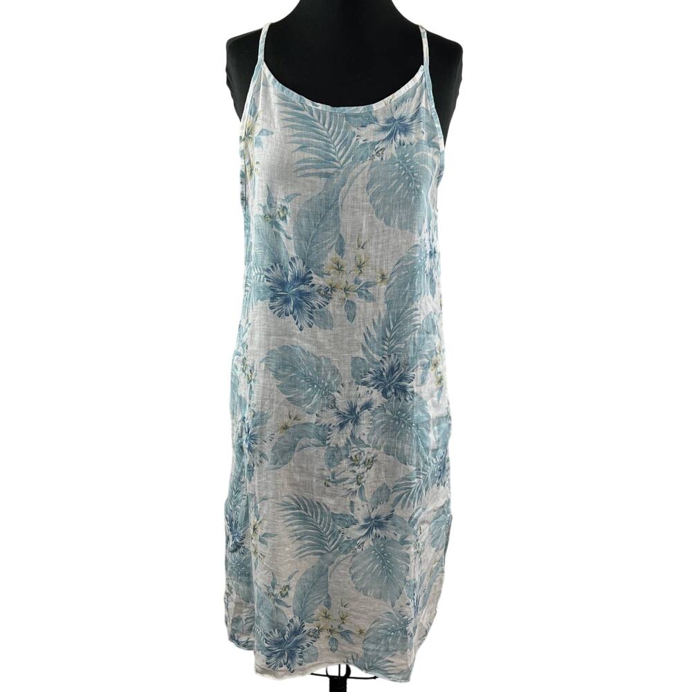 NWT Lungo L'Arno White Blue Tropical Print 100% Linen Sleeveless Slip Dress S